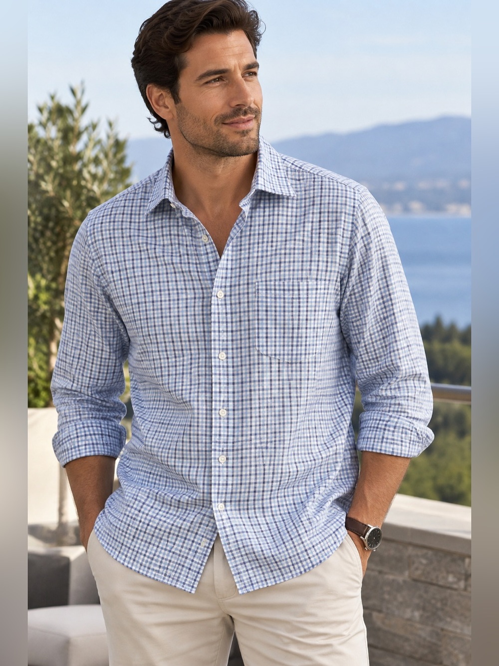 Canali Light Blue and White Plaid Button-Down Shirt